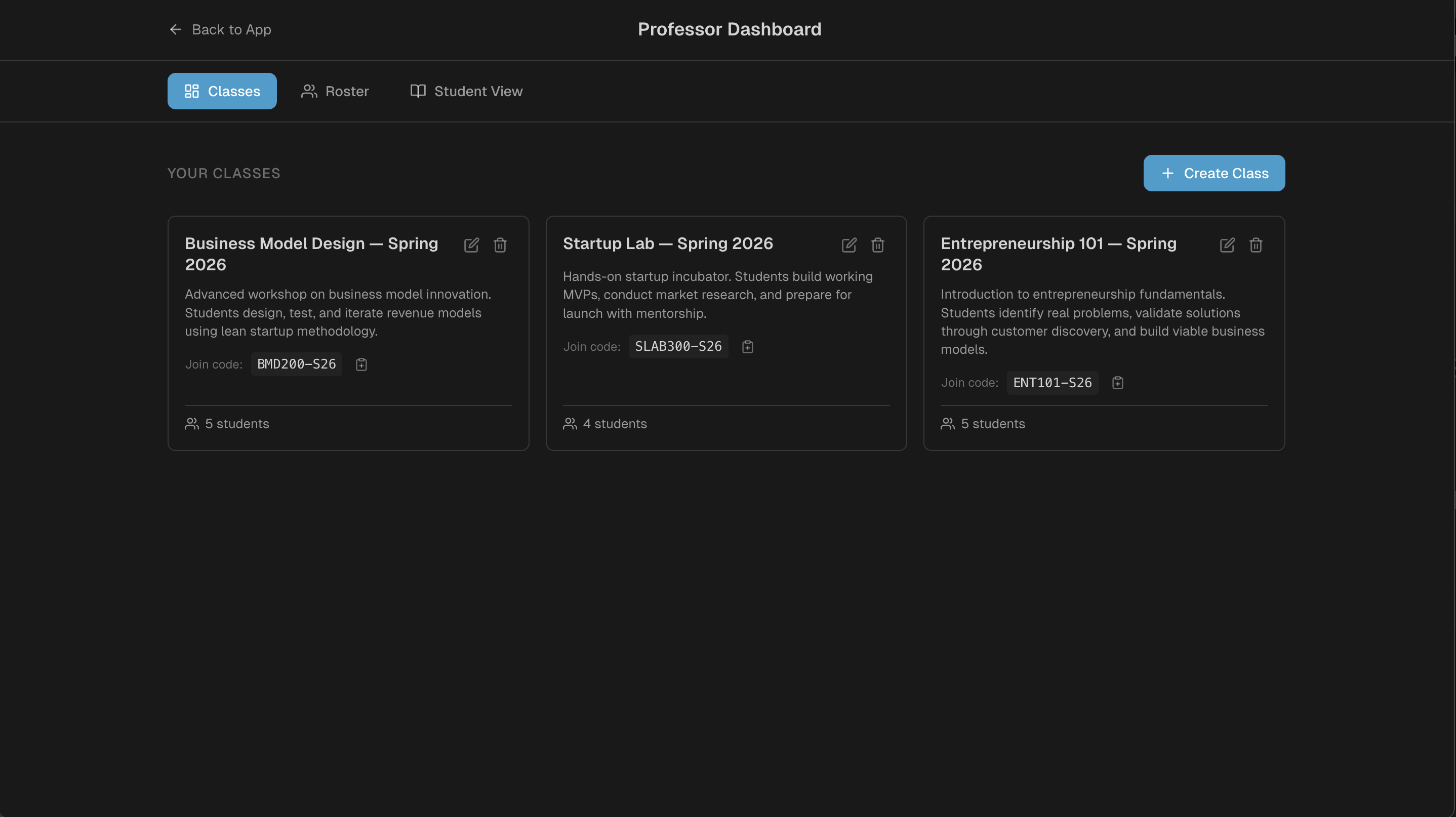 Professor Dashboard — Classes