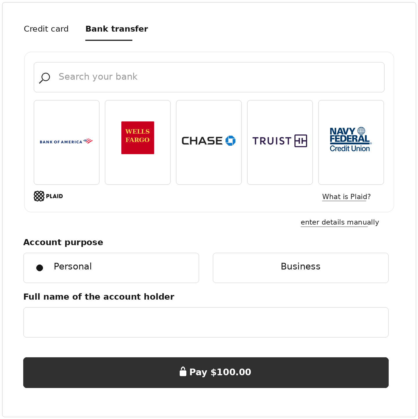 A bank-transfer checkout interface for ACH payments