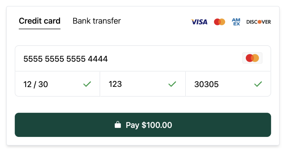 Strtups checkout showing credit card and bank transfer payment options